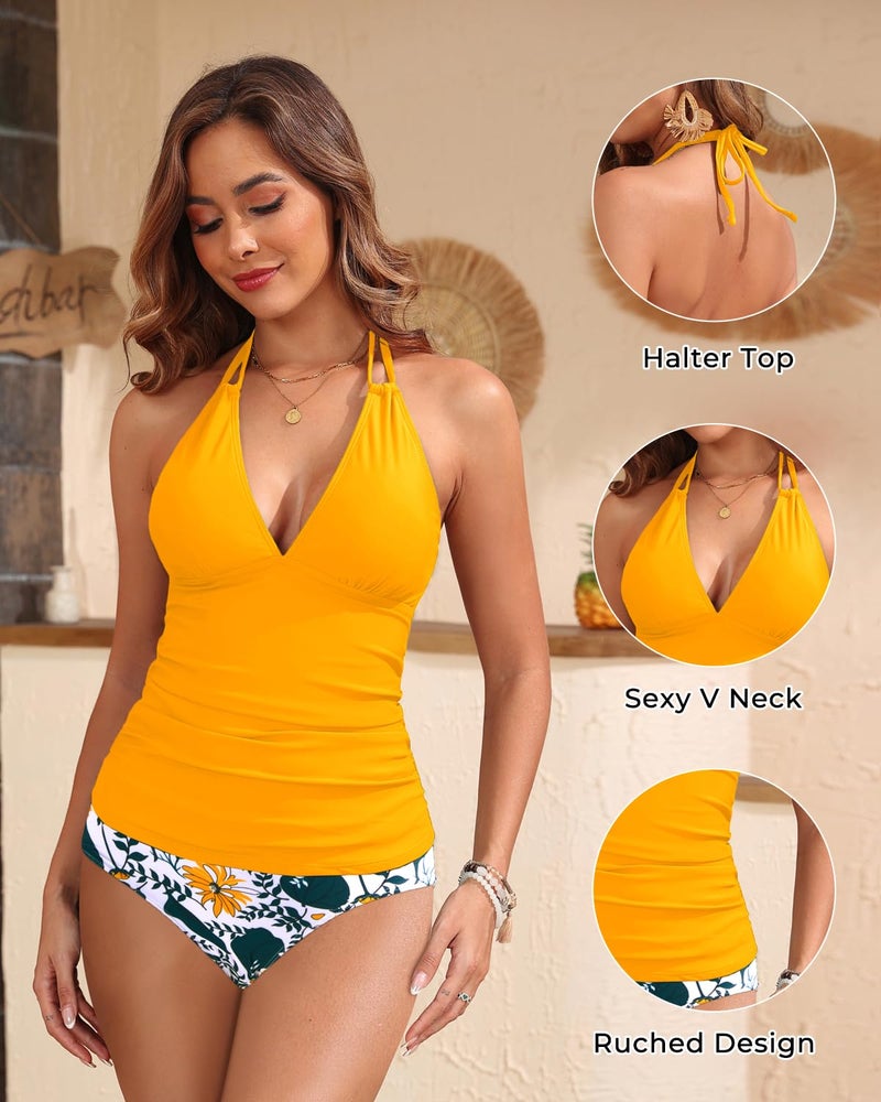 Yonique Womens Two Piece Swimsuits Yellow Tummy Control Tankini Plus Size Bathing Suit Halter V Neck Swimwear XL - Image 2